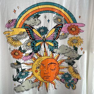 Womens Shein Butterfly Flower White BOHO Graphic Short Sleeve T-Shirt Sz 4XL